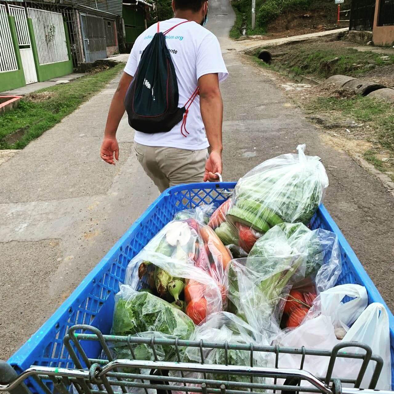 Persona llevando alimentos cargados en un carro de supermercado.